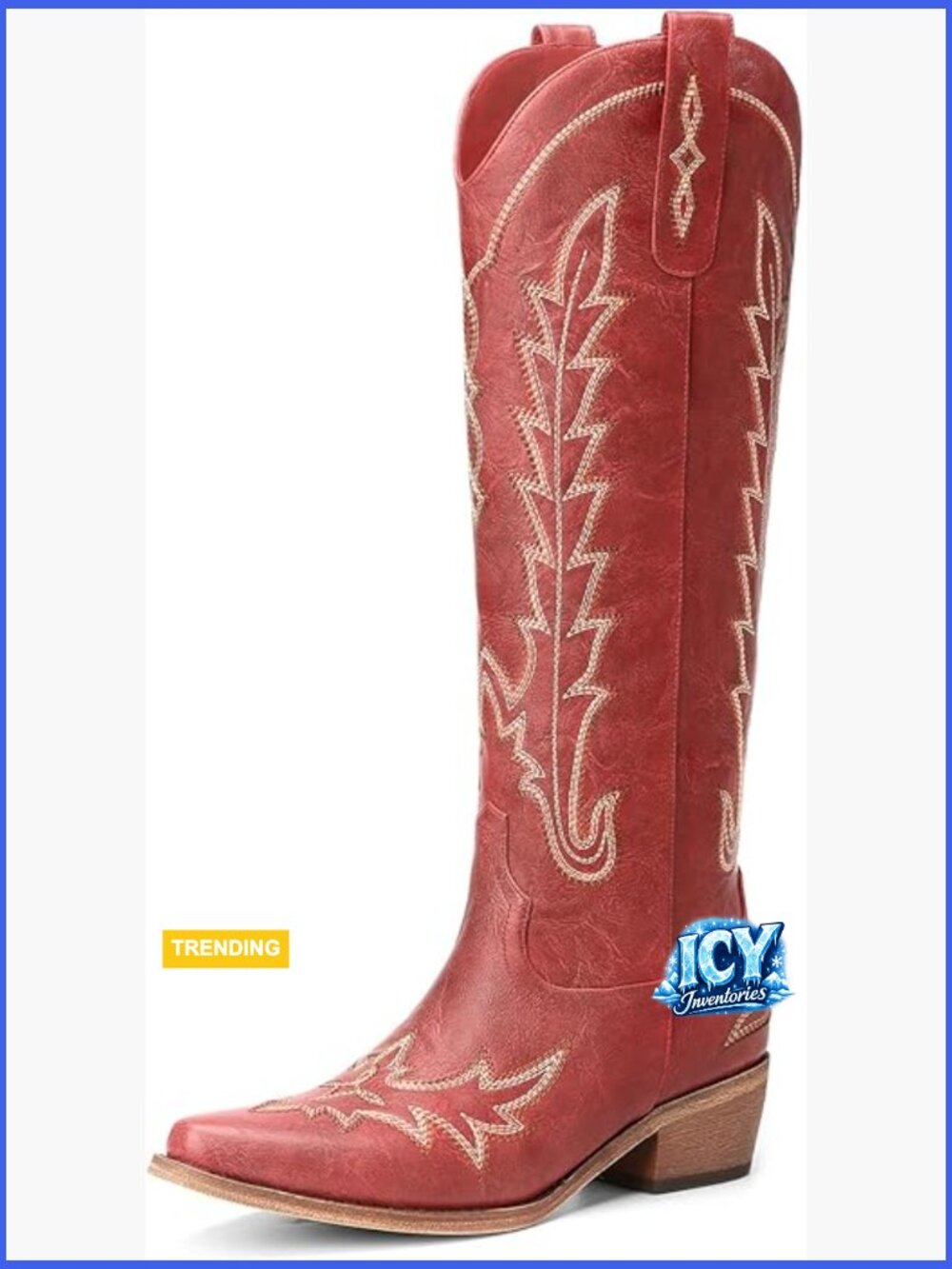 Knee High Pointed Toe Chunky Heel Pull On Zipper Western Cowgirl Boots